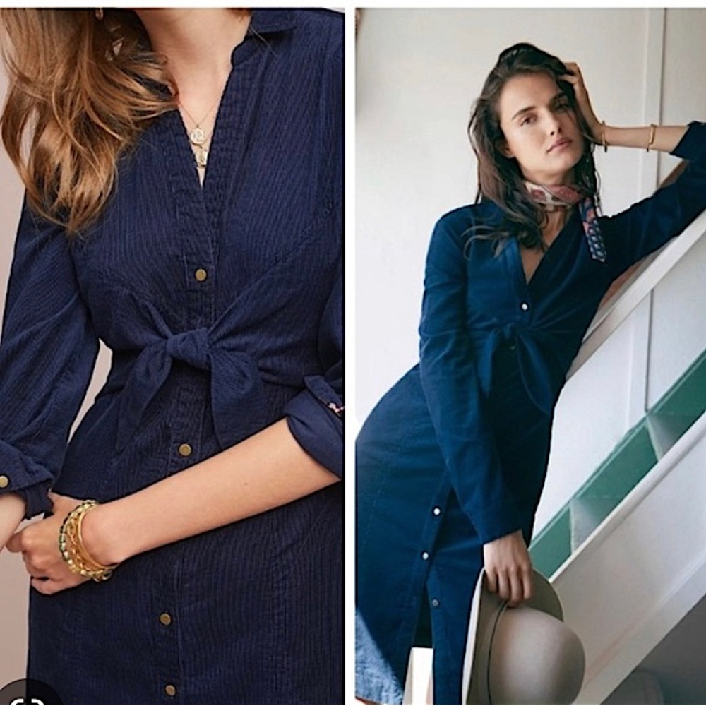 Anthropologie 6P Maeve Navy Corduroy Winchester Tie Front Boho Shirt Dress
